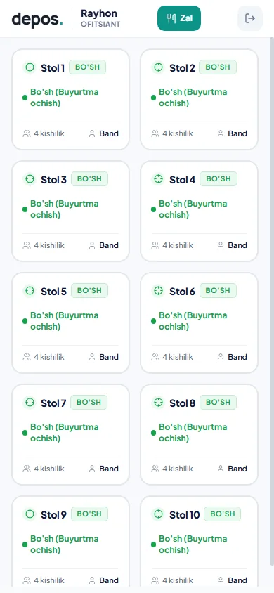 Ofitsiantning telefonida: stollar ro'yxati